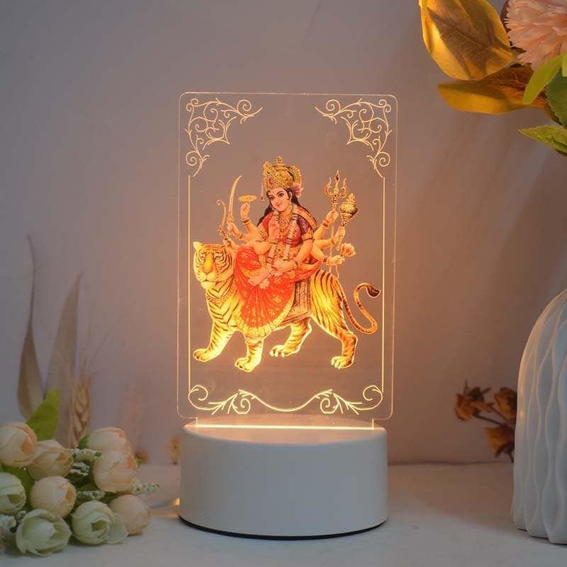 Ailtower Beautiful 3D Durga MATA Frame with Soft White Light. UV Printed LED Night Light for Hindu, Indian Community. Bedside Table lamp and Décor for Living Rooms. (Durga MATA)