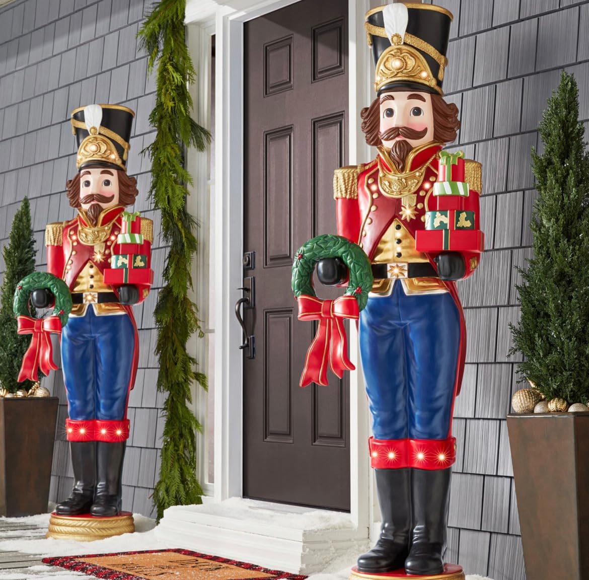 Impressive, Life-Sized 6' Tall Nutcracker Traditional, Handpainted Finish 15 Warm LED Corded Lights do not Require Any Batteries Caucasian and multicultural Styles