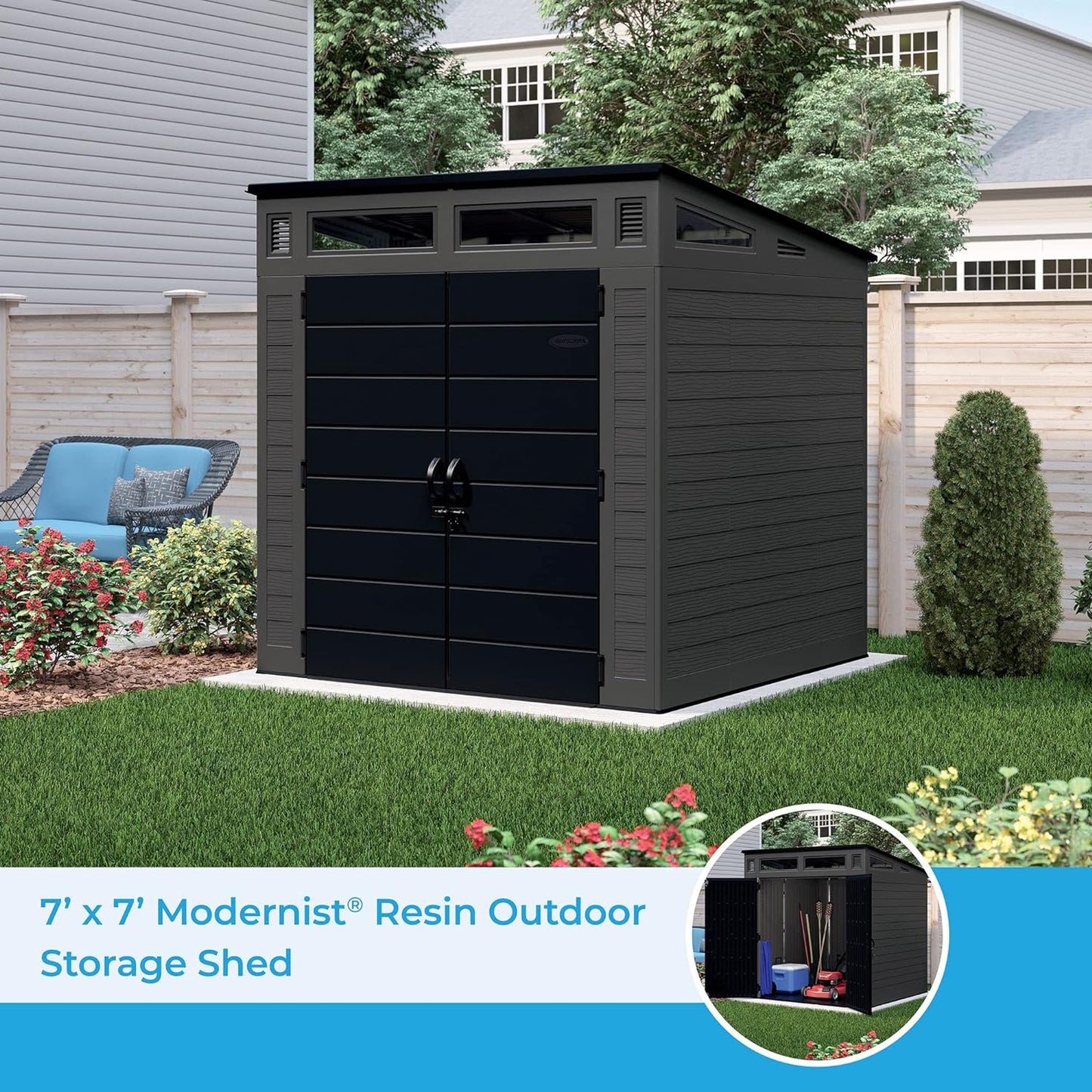 Suncast BMS7780 Modernist Shed, Outdoor Heavy-Duty Storage for Tools and Garden Equipment, USA Made, Peppercorn