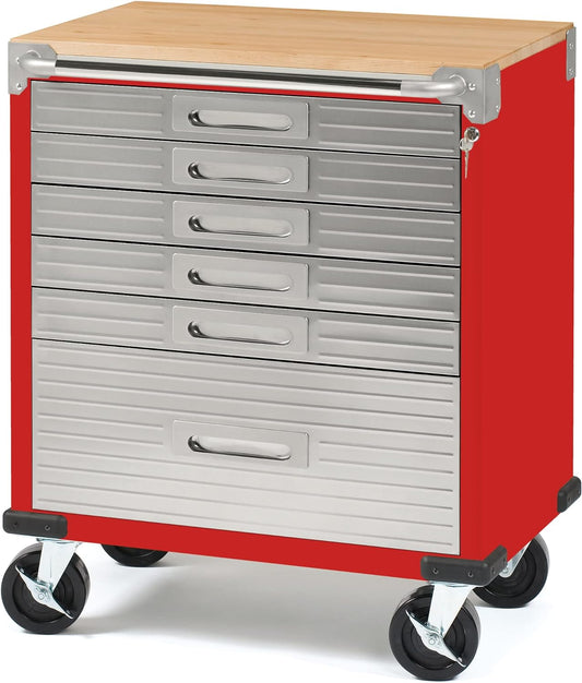 Seville Classics Rolling Lockable Cabinet Storage, 6-Drawer (28" W x 18" D), Red