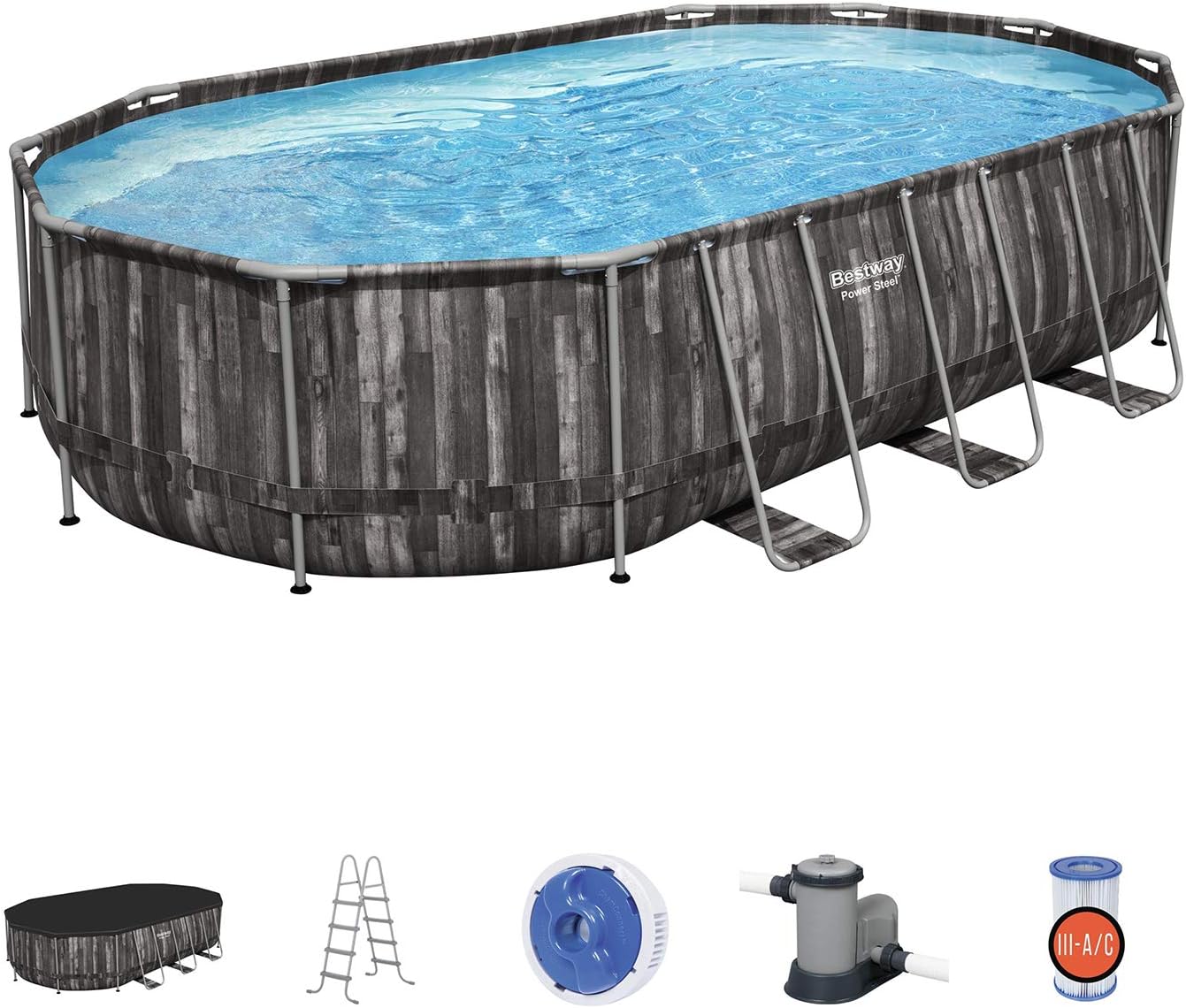 Bestway Power Steel 20' x 12' x 48" Oval Metal Frame Above Ground Outdoor Swimming Pool Set with 1500 GPH Filter Pump, Ladder, and Pool Cover