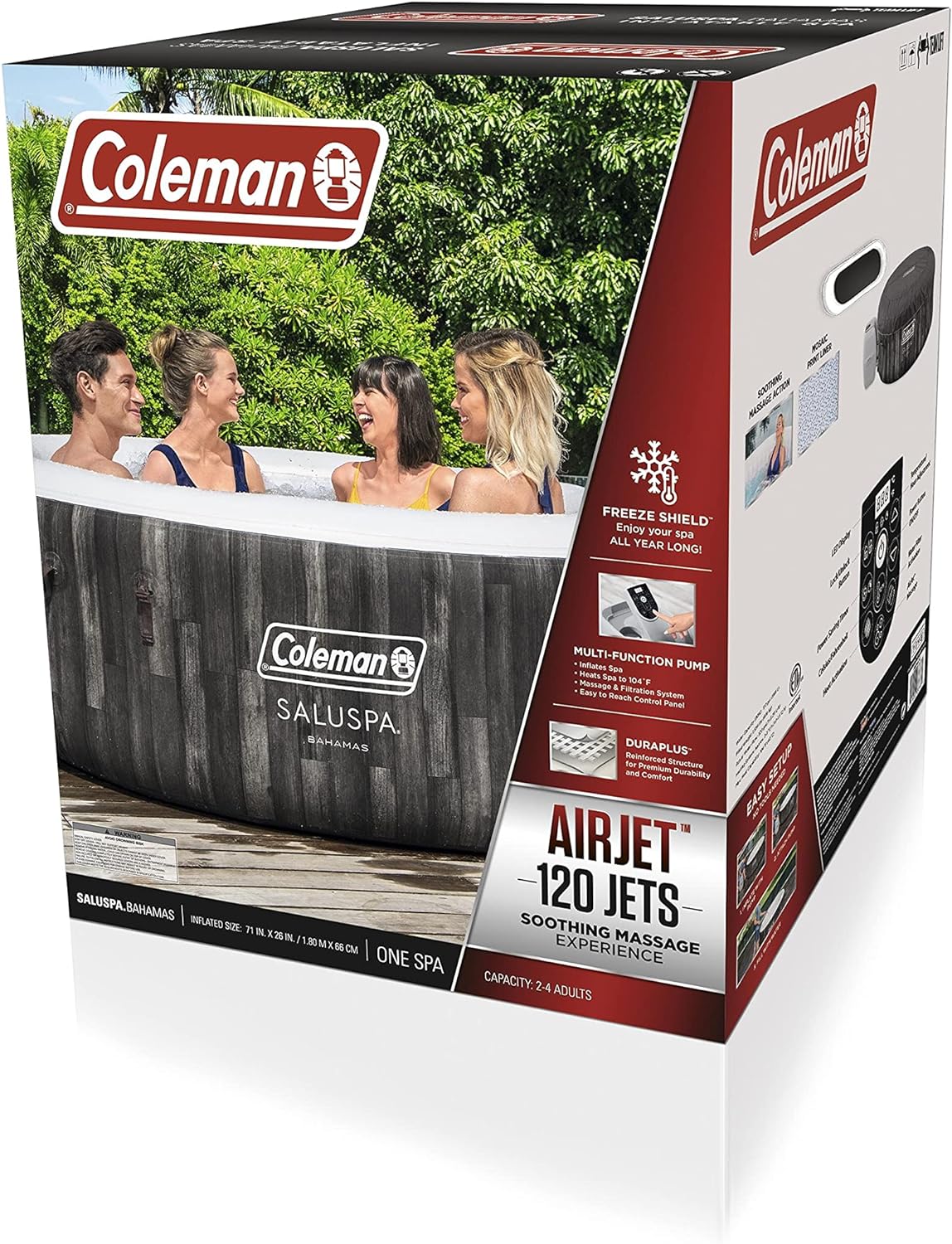 Inflatable Coleman 90455 SaluSpa Bahamas 71-Inch x 26-Inch 4 Person Outdoor Portable Hot Tub Spa with 120 Air Jets, Pump, 2 Filter Cartridges, and Tub Cover