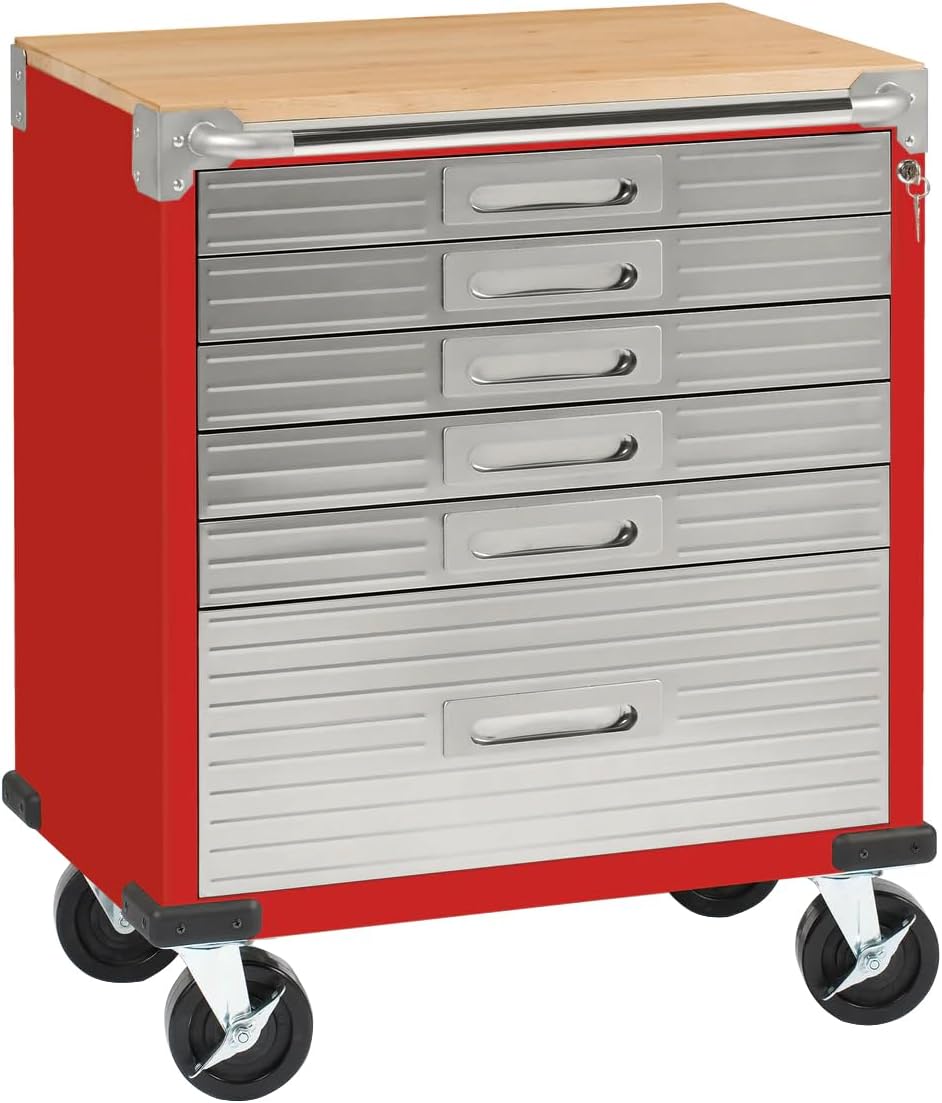 Seville Classics Rolling Lockable Cabinet Storage, 6-Drawer (28" W x 18" D), Red