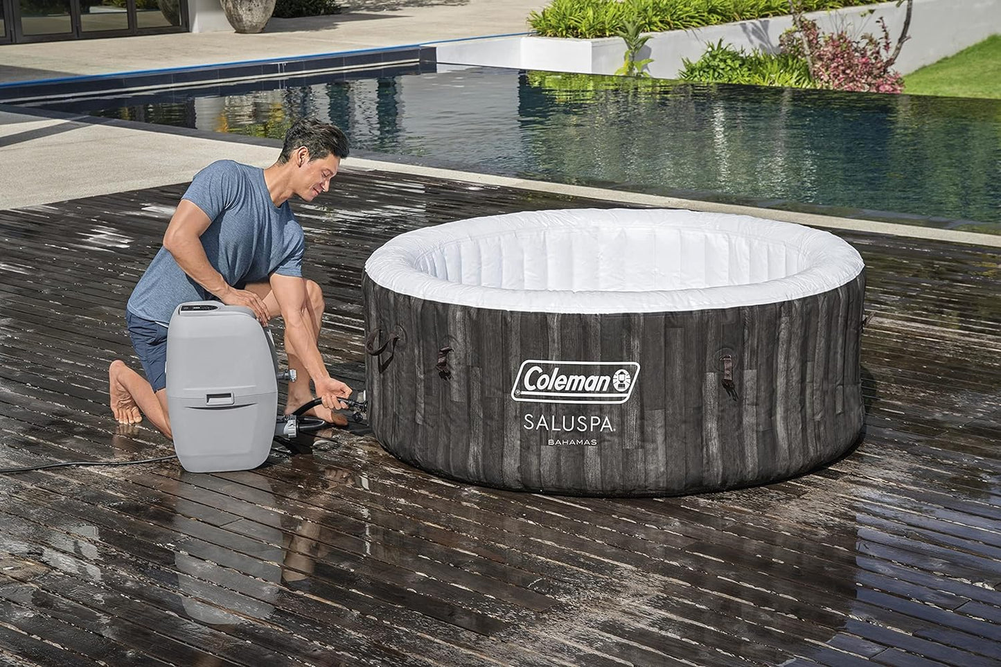 Inflatable Coleman 90455 SaluSpa Bahamas 71-Inch x 26-Inch 4 Person Outdoor Portable Hot Tub Spa with 120 Air Jets, Pump, 2 Filter Cartridges, and Tub Cover