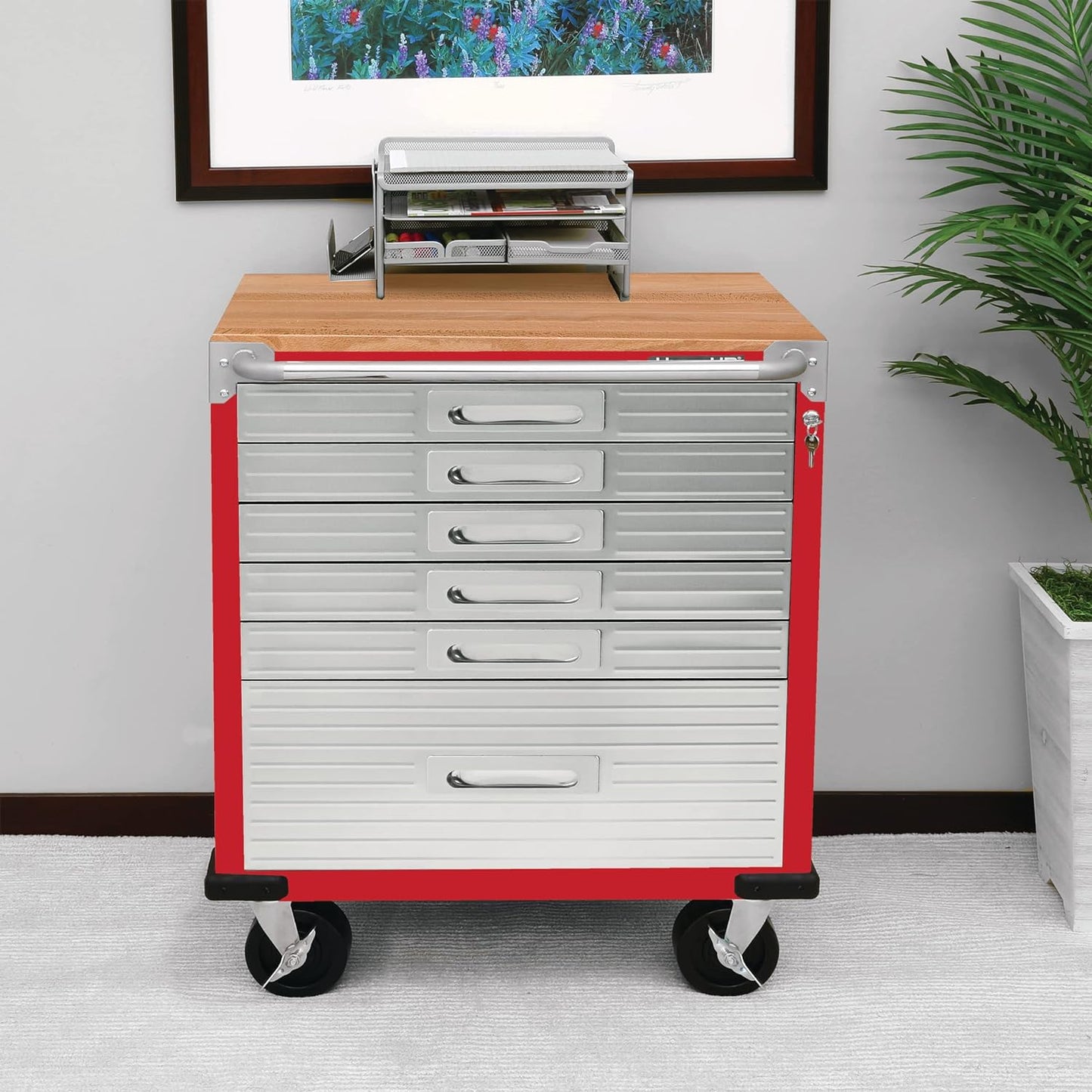 Seville Classics Rolling Lockable Cabinet Storage, 6-Drawer (28" W x 18" D), Red